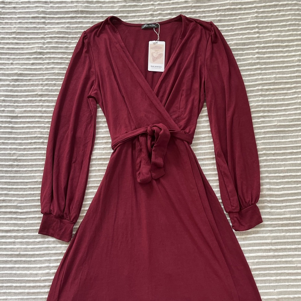 NALANISA Women's V Neck Wrap Split Long Sleeve Maxi Dress Long flowy Red Size M